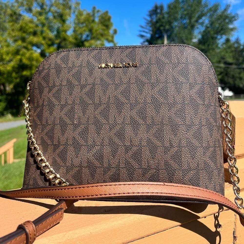 Michael Kors Cindy Large Dome Crossbody MK Signature Brown Logo NWT